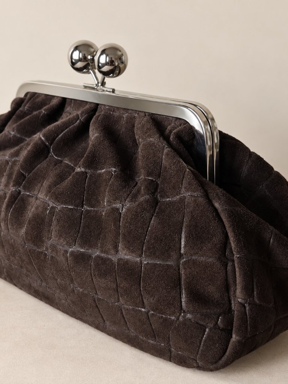 Dark Brown Suede Crossbody Bag, Italian Suede Kiss Lock Purse